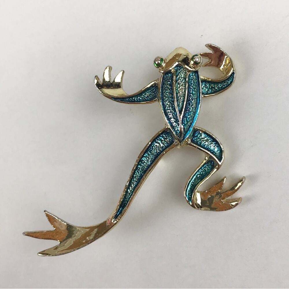 Gerry's Frog Amphibian Shimmery Green Extended Leg Costume Brooch Pin Signed